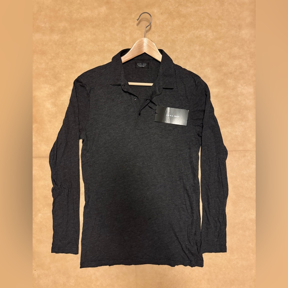 Brand NEW with labels ZARA Men’s MEDIUM Long Sleeve Grey/Charcoal Polo Top